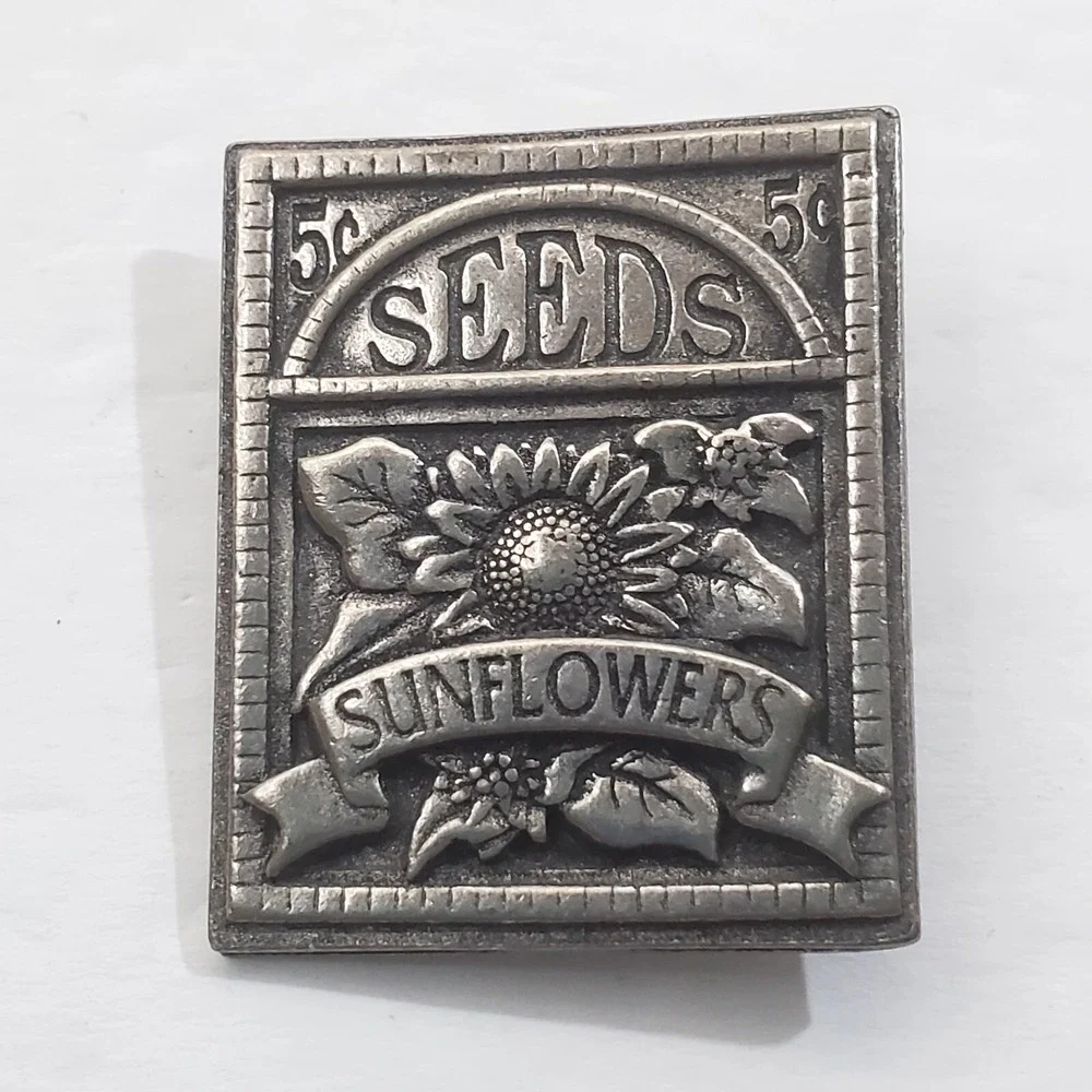 Vtg 2003 Birds and Blooms Pewter Sunflower Seeds Package Gardening Brooch Pin
